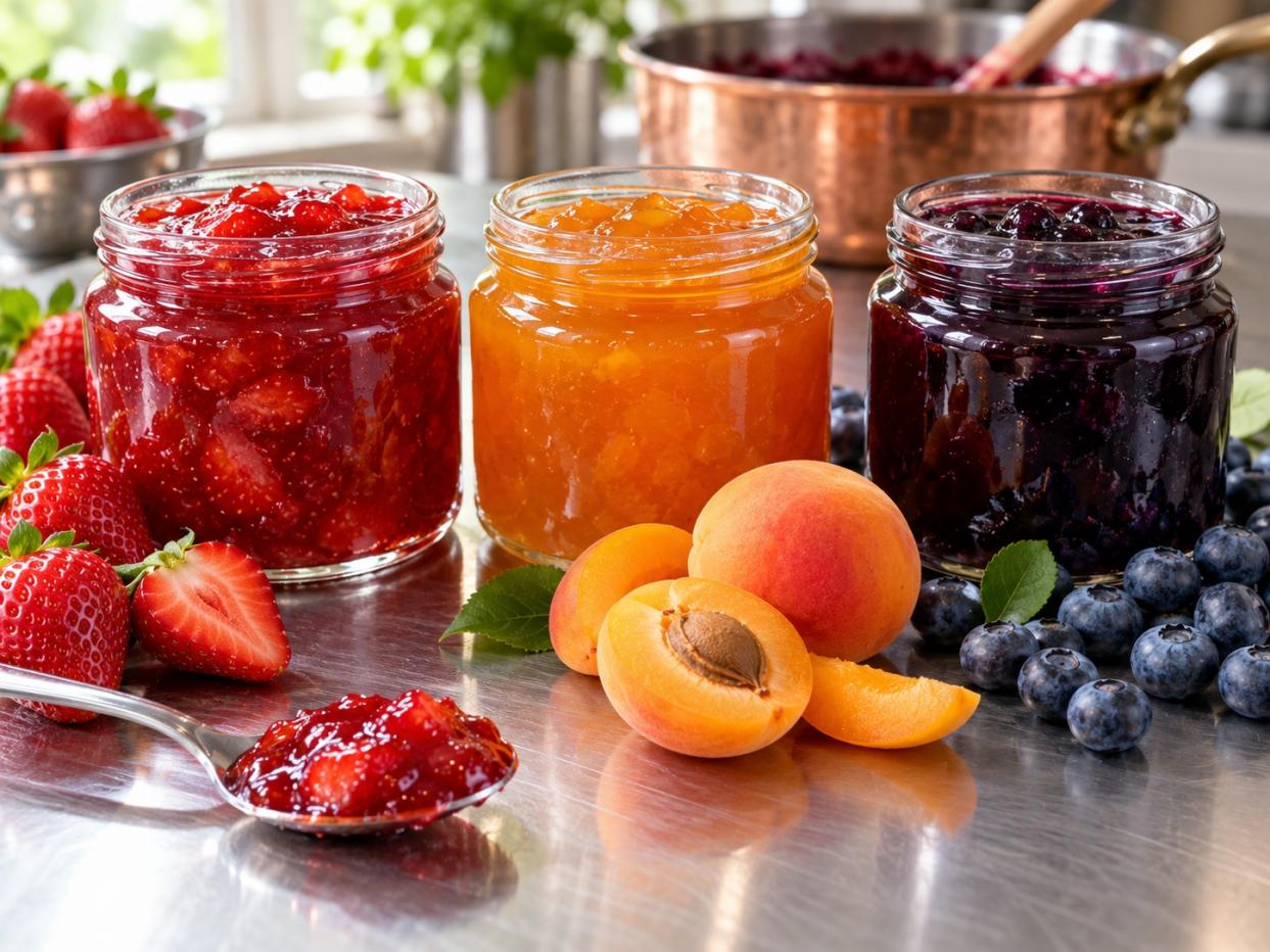 strawberry apricot and blueberry jams showing different fruit textures