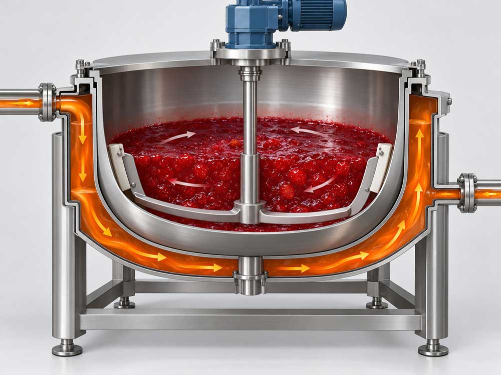 a separate heating jacket and scraper mixing inside a jam cooker