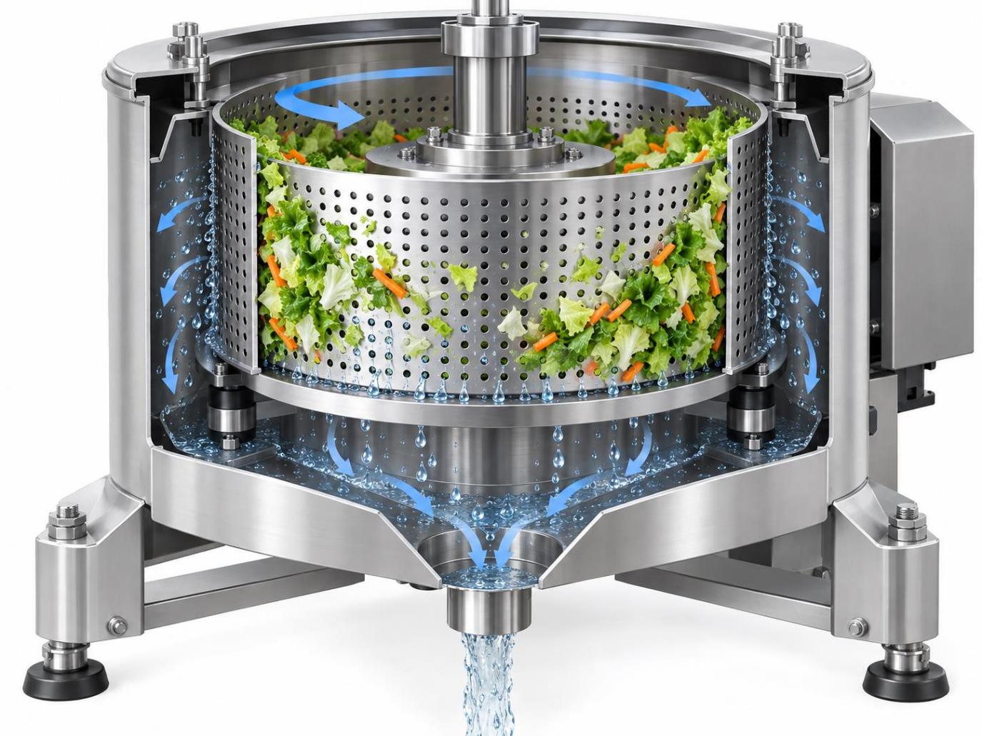 Cutaway view of a rotating perforated basket separating surface water from washed vegetables