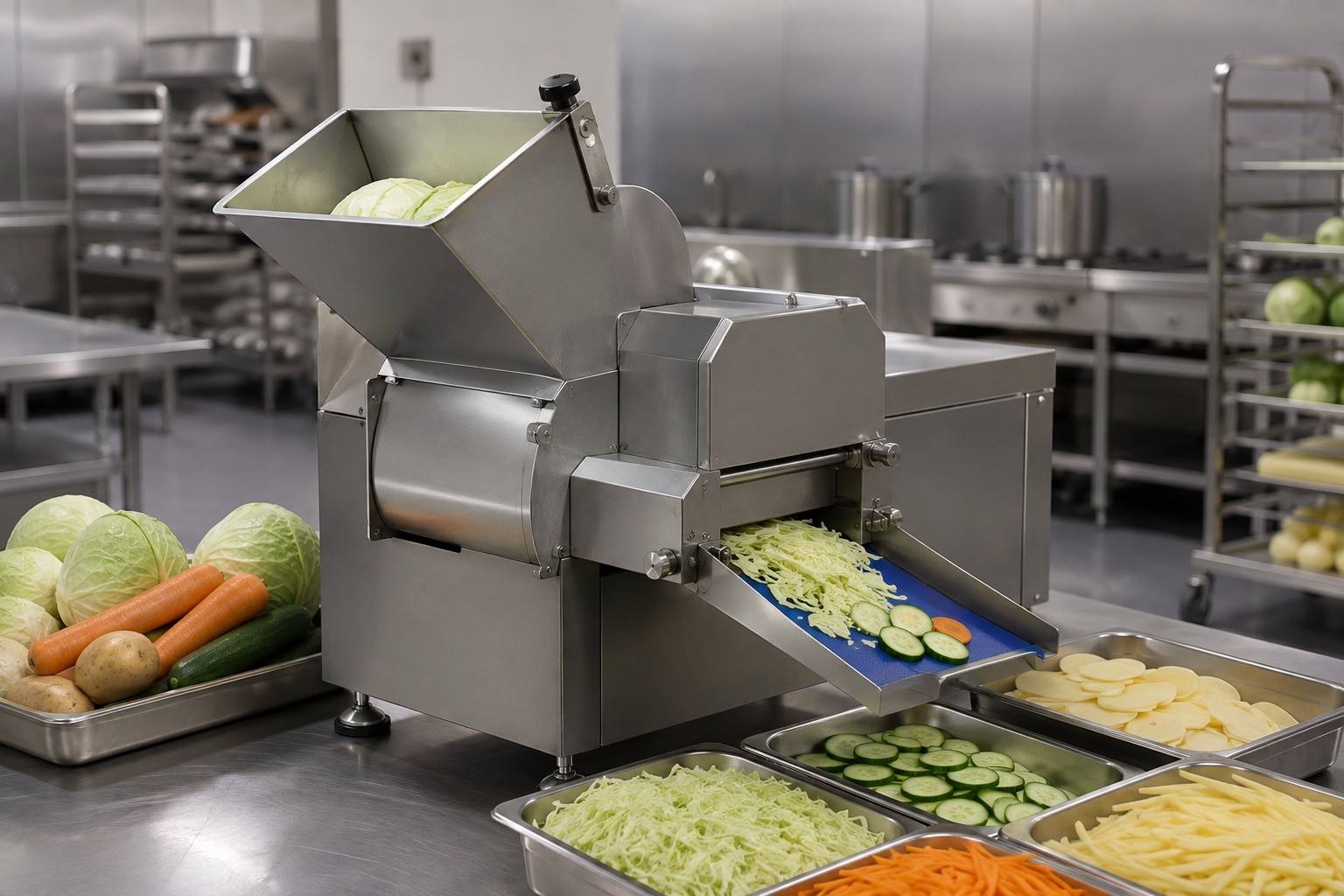 Commercial stainless steel vegetable cutting machine producing cabbage shreds, cucumber slices, carrot strips and potato slices