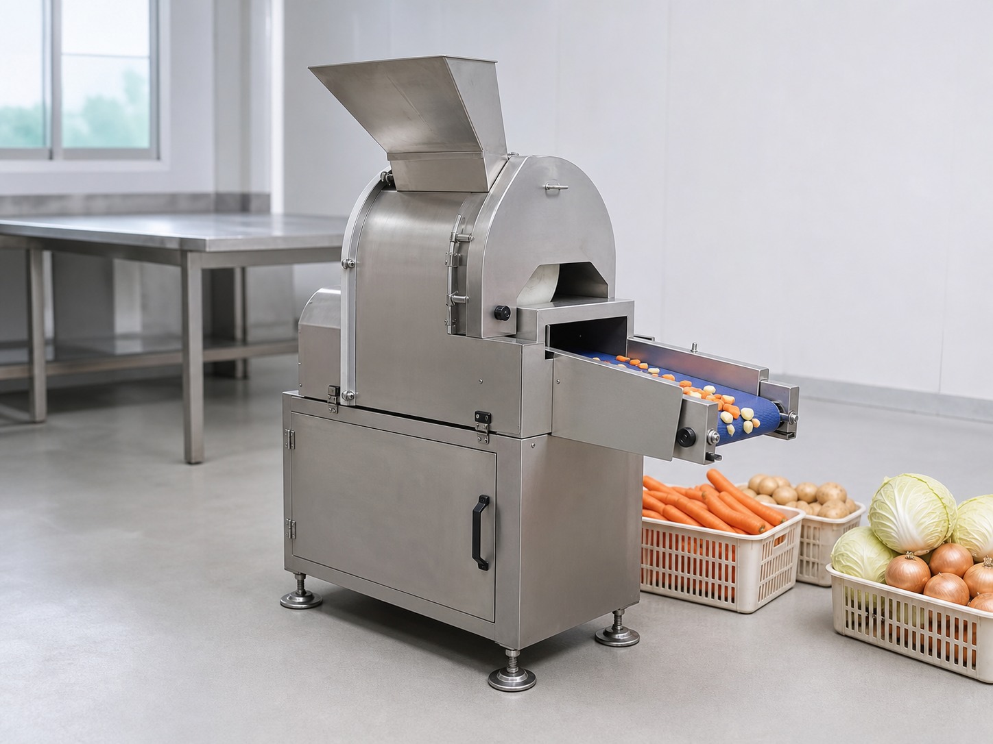 Commercial stainless steel vegetable cutting machine with feed hopper and discharge conveyor