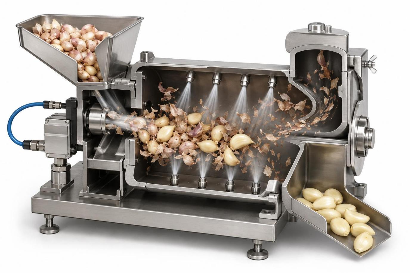 Cutaway diagram of compressed air loosening dry garlic skins inside a pneumatic peeler