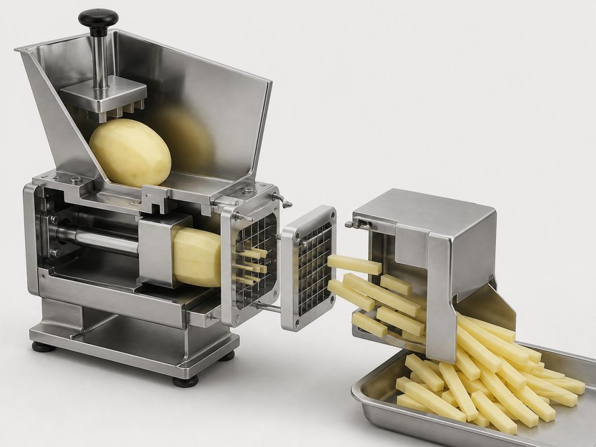 Cutaway view of potato feed, pusher and replaceable blade grid inside a French fries cutter