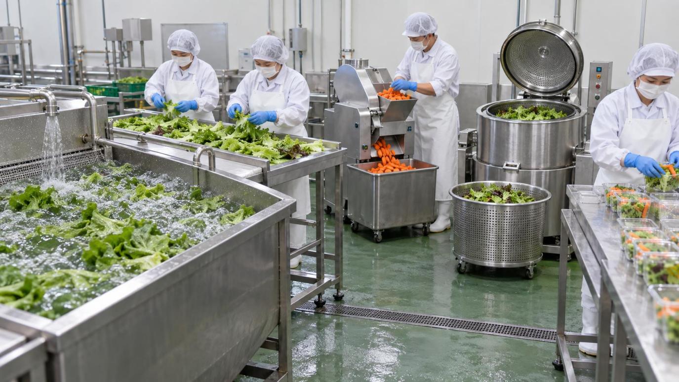 Small fresh-cut vegetable line with washing, cutting, centrifugal dewatering, inspection and packing