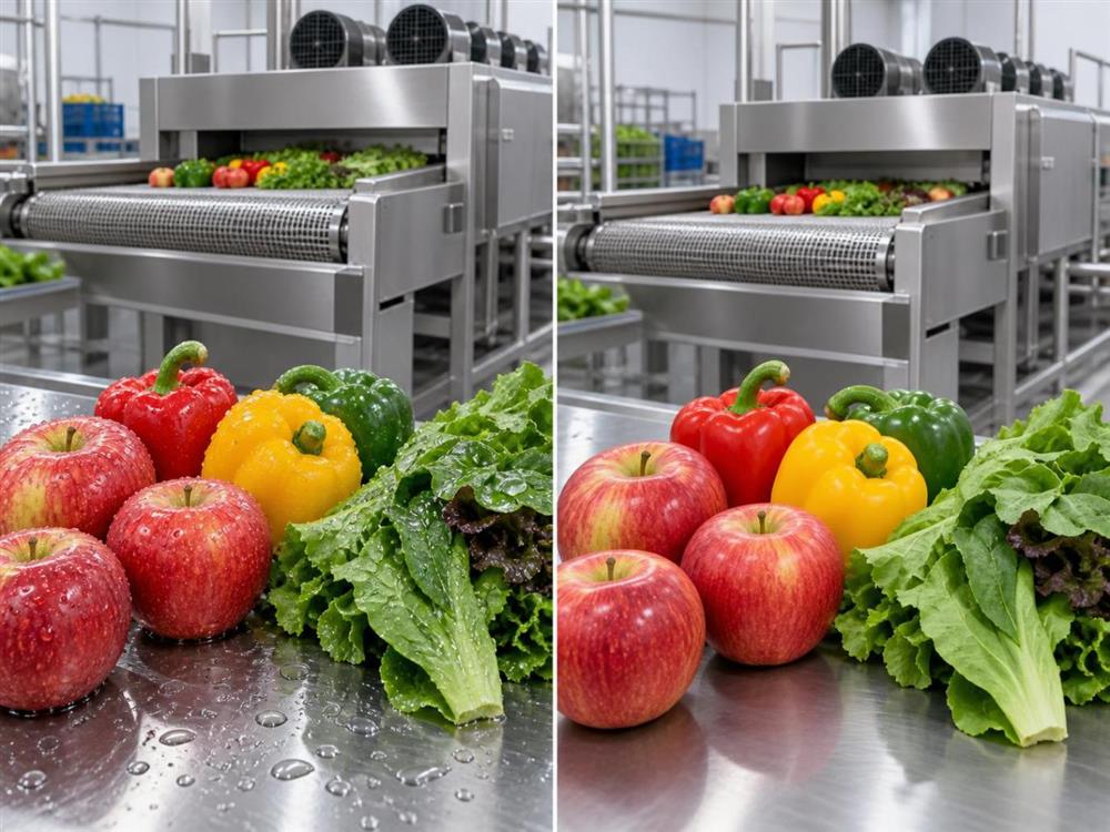 Fresh fruit and vegetables before and after continuous air removal of surface water