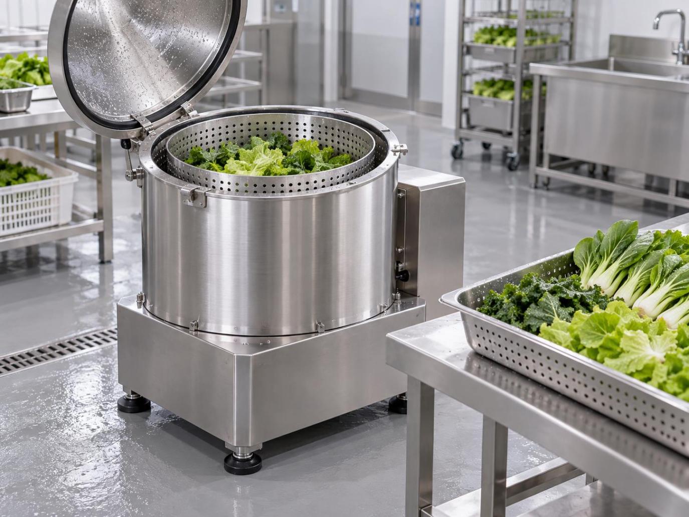 Compact stainless steel fruit and vegetable dewatering machine with a perforated basket of washed leafy greens
