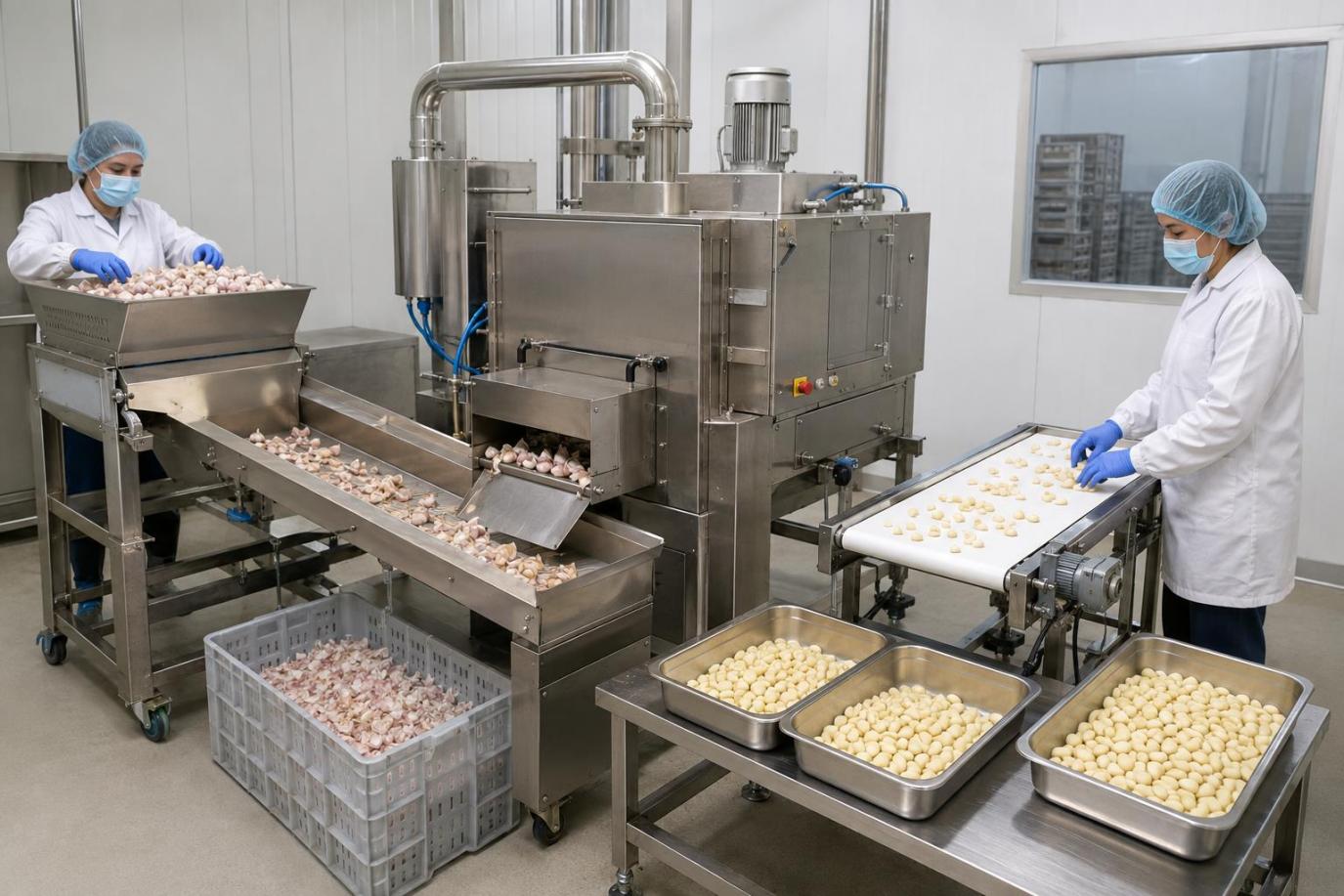 Compact garlic processing line with clove feeding, pneumatic peeling and manual inspection conveyor