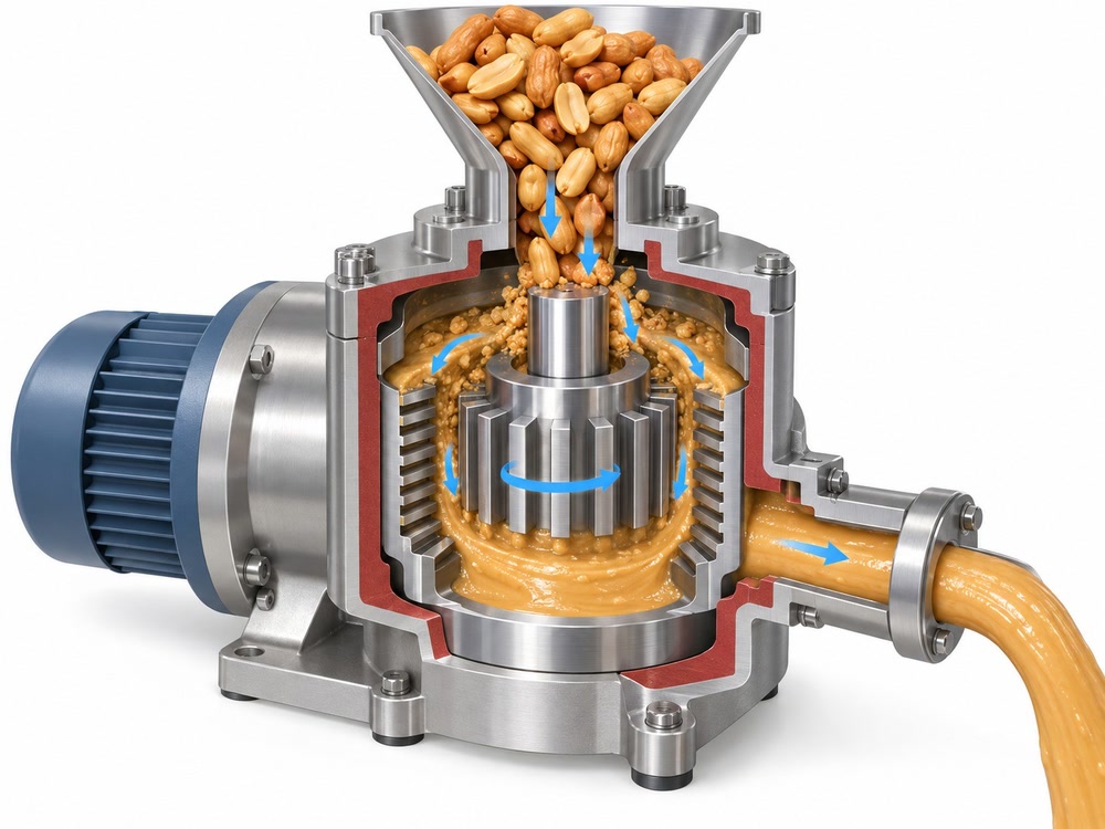 Concept cutaway showing peanuts passing through a rotor and stator grinding zone