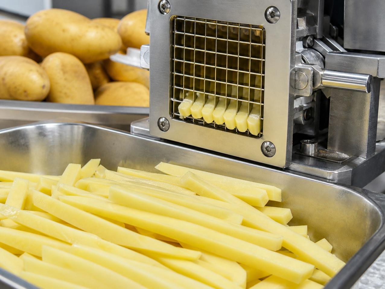Close-up of smooth and evenly sized raw potato strips from a commercial potato cutter machine