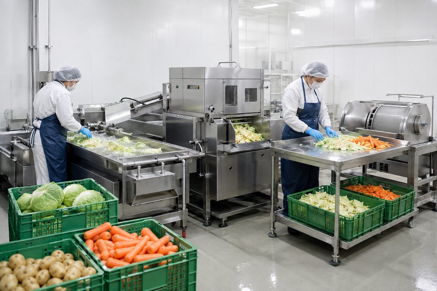 Compact fresh-cut vegetable line with washing, inspection, multifunction cutting and dewatering equipment