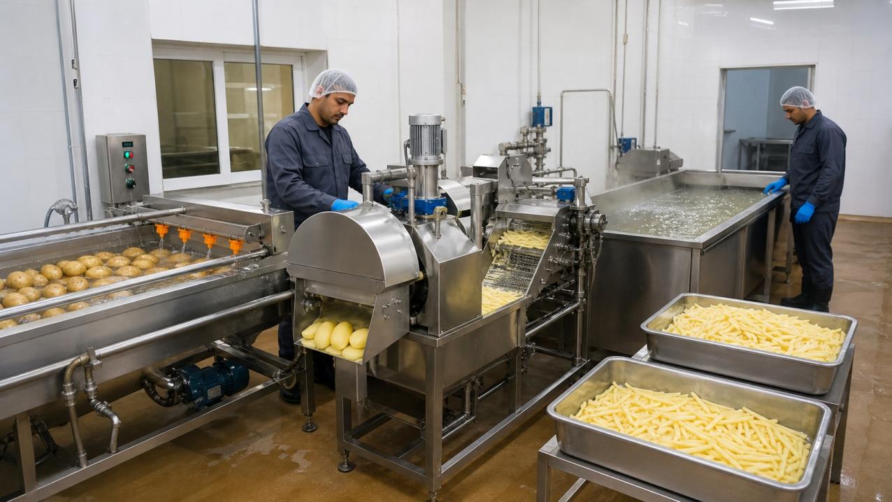 Small hygienic French fries processing line with washing, peeling, cutting and blanching equipment