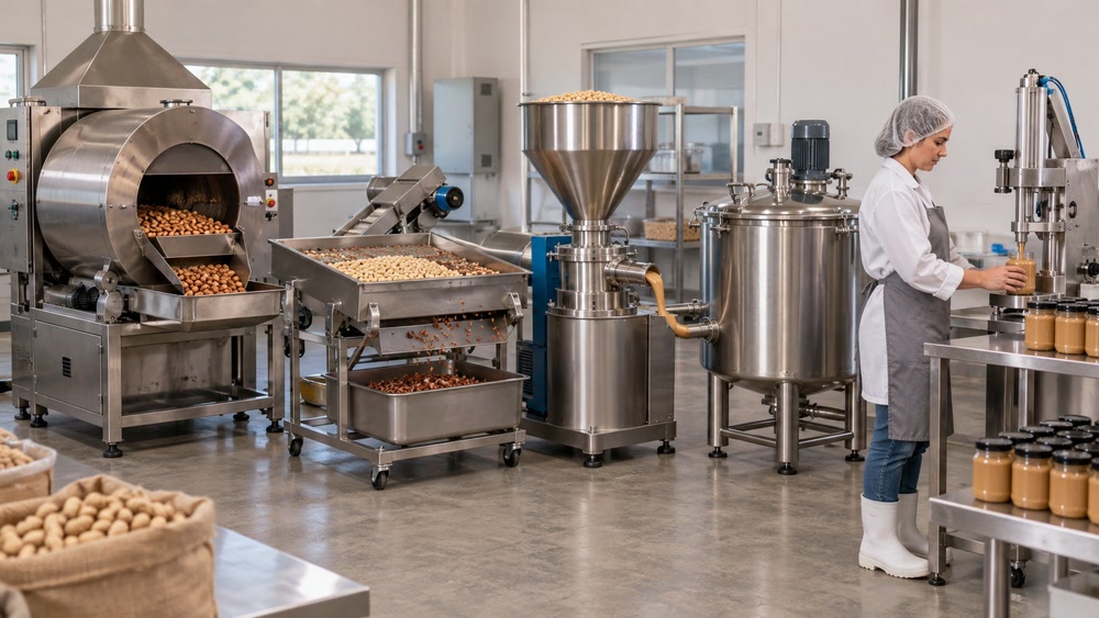 small workshop with roasting grinding mixing and peanut butter jar filling