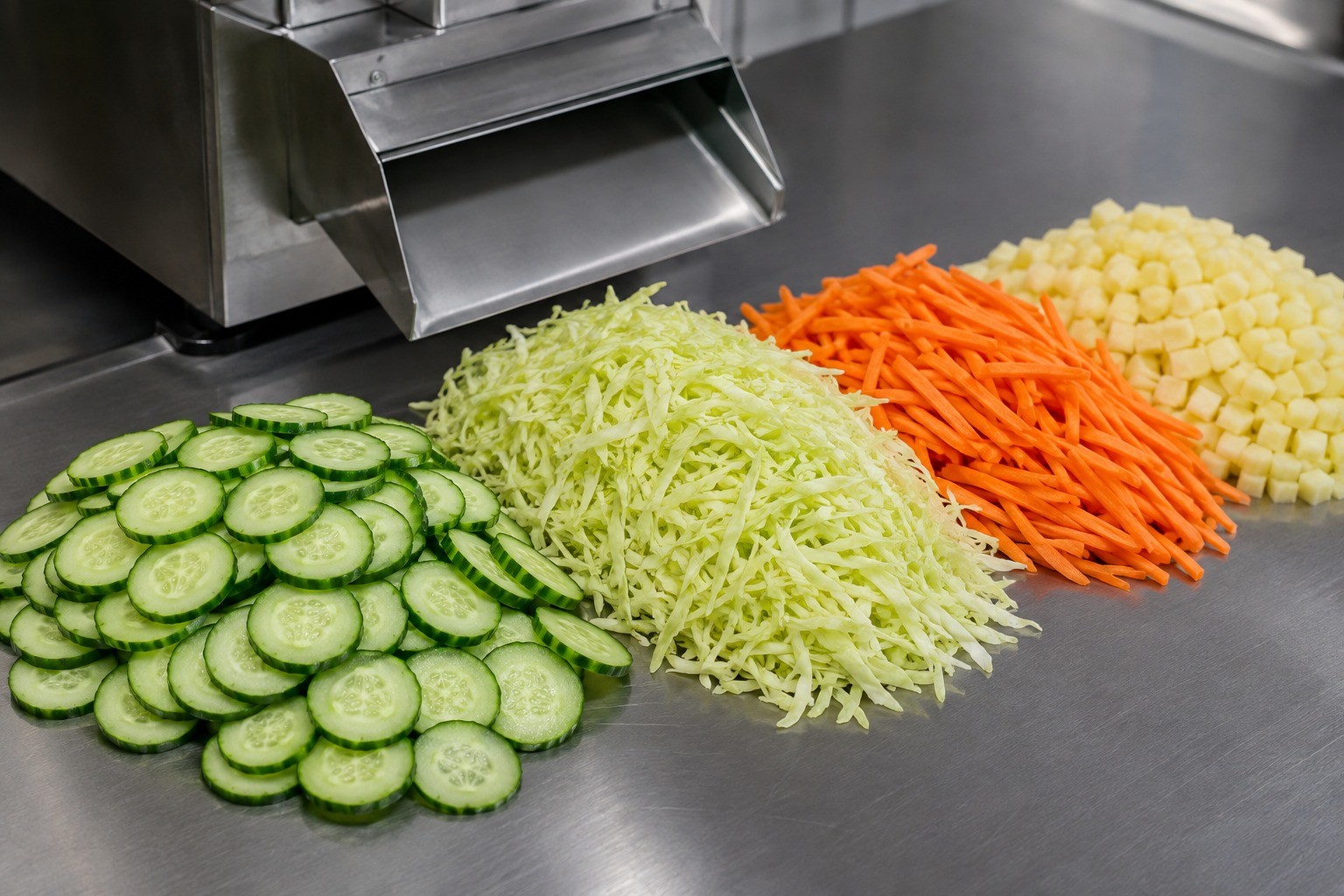 Uniform cucumber slices, cabbage shreds, carrot strips and potato cubes beside a commercial vegetable cutter