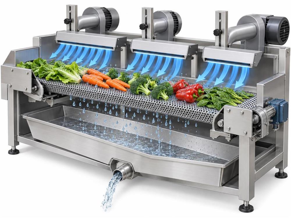 Adjustable air knives blowing surface water from vegetables on a perforated conveyor