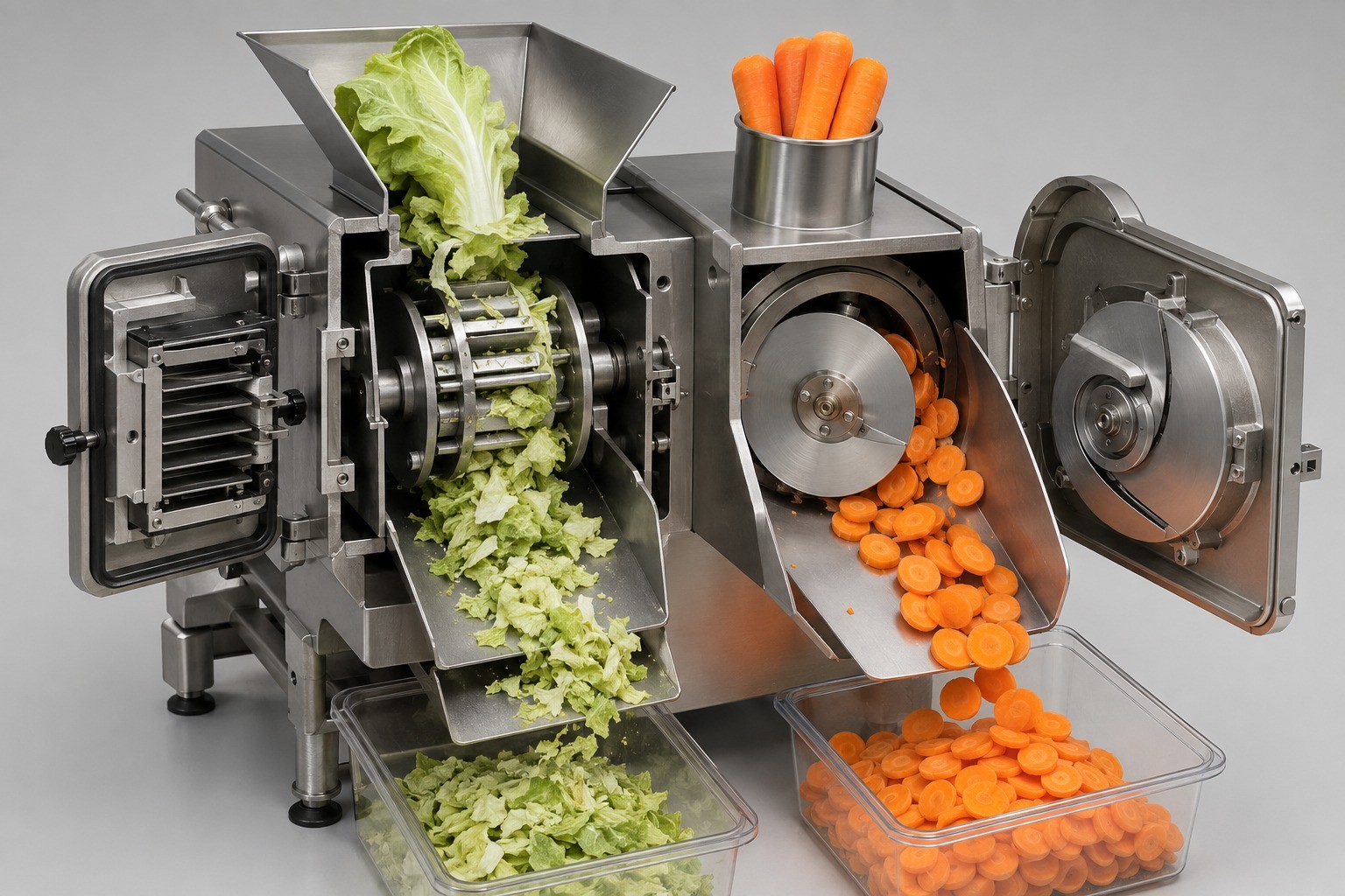 Cutaway view of separate leafy vegetable straight-knife and root vegetable rotary slicing paths in a commercial cutter