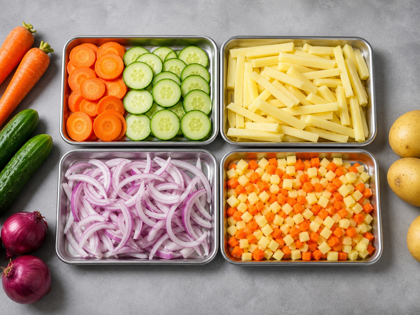 Uniform vegetable slices, strips, shreds and cubes produced with interchangeable cutting tools