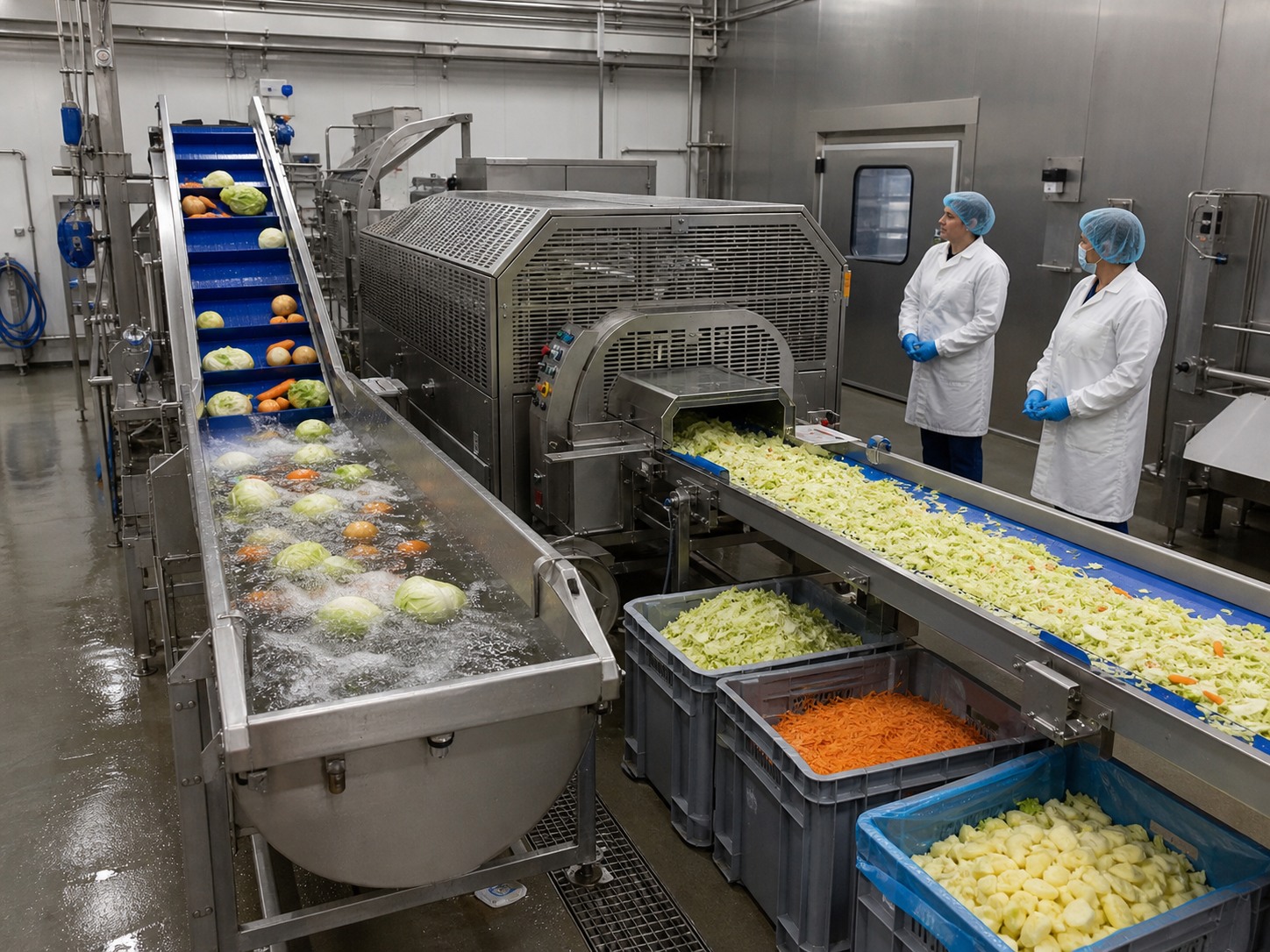 Vegetable washing and cutting line operating in a hygienic food processing factory