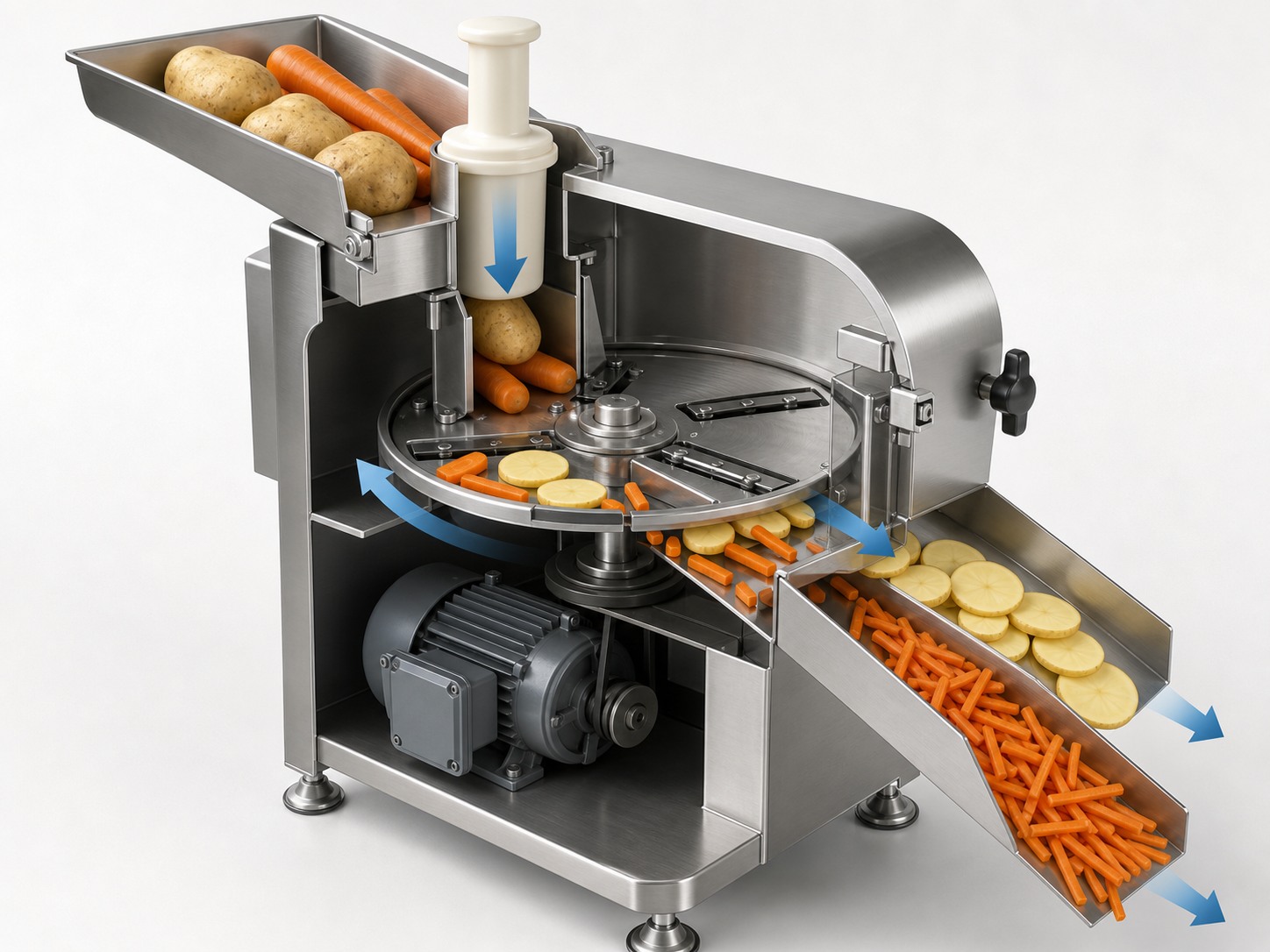Cutaway view showing vegetables moving through the guarded rotary cutting system