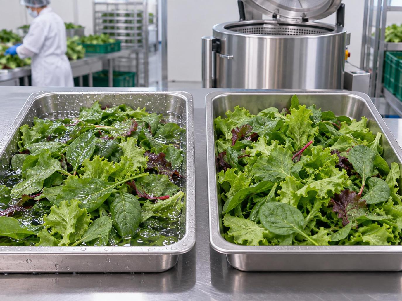 Washed leafy vegetables before and after gentle centrifugal surface-water removal