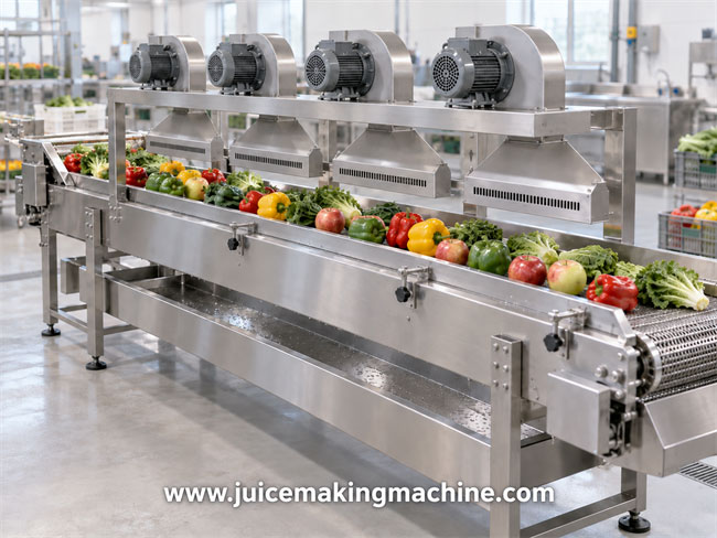 Stainless steel vegetable air drying machine removing wash water from fresh produce on a mesh belt